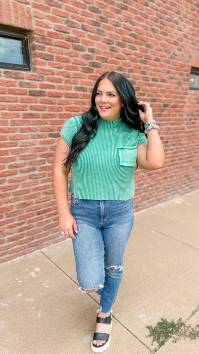 KELLY GREEN ACID WASHED MOCK NECK BLOUSE