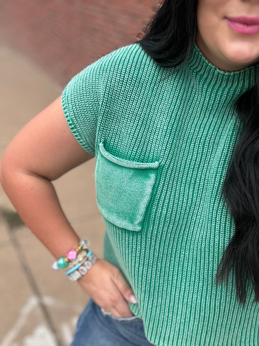 KELLY GREEN ACID WASHED MOCK NECK BLOUSE