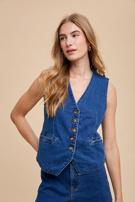 Dark Washed Button Down Vest