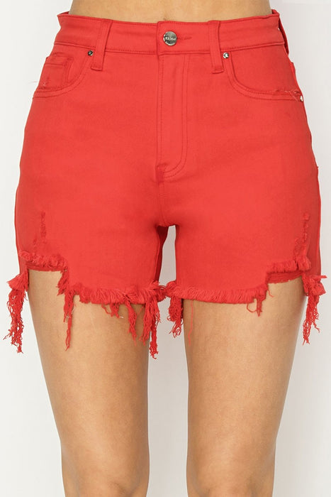 RED DISTRESSED HIGH RISE SHORTS | SALE