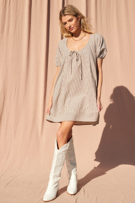 BROWN STRIPE PUFF SLEEVE MINI DRESS