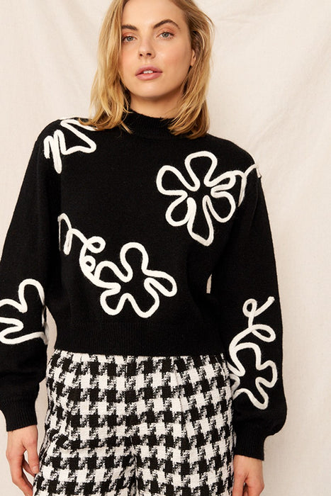 Black + White Floral Detail Sweater