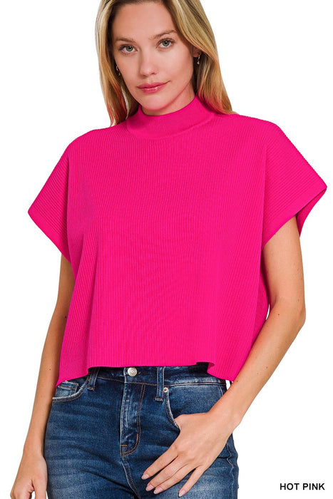 Knit Mock Neck Top In Hot Pink