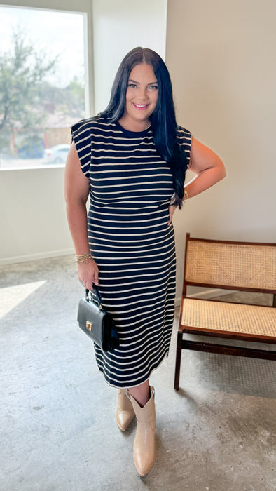 BLACK AND WHITE STRIPE MIDI DRESS