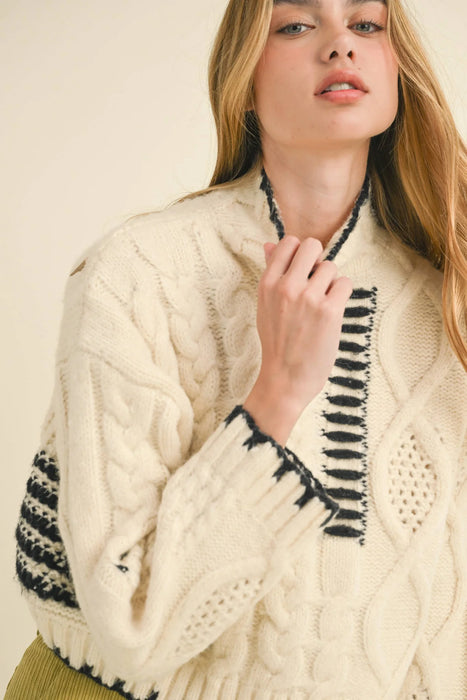 Hand Stitched Sweater Top in Cream/Black