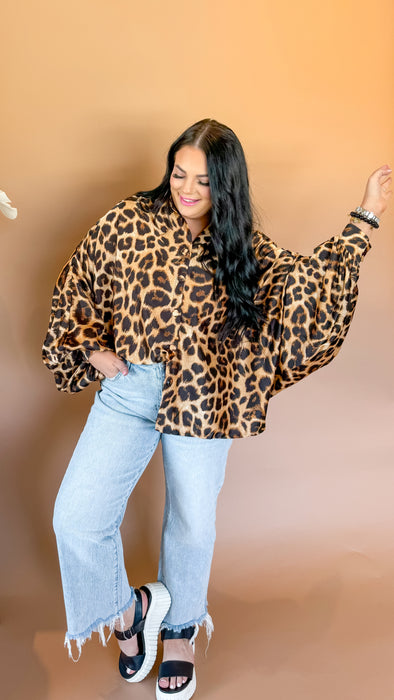 LEOPARD SATIN BALLON SLEEVE BLOUSE- ONE SIZE