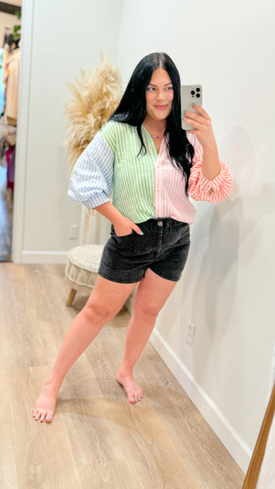 SEERSUCKER STRIPE COLORBLOCK TOP | SALE