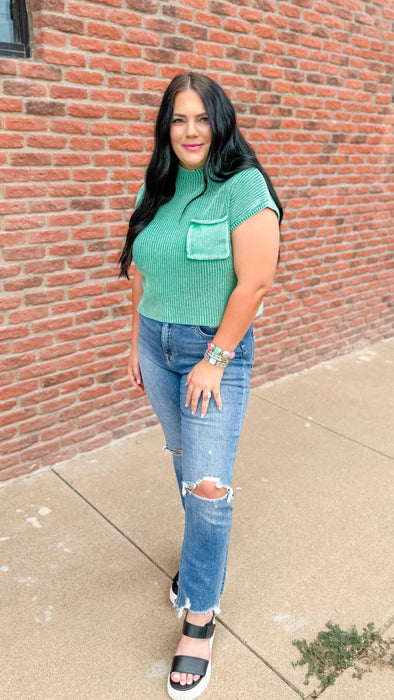 KELLY GREEN ACID WASHED MOCK NECK BLOUSE