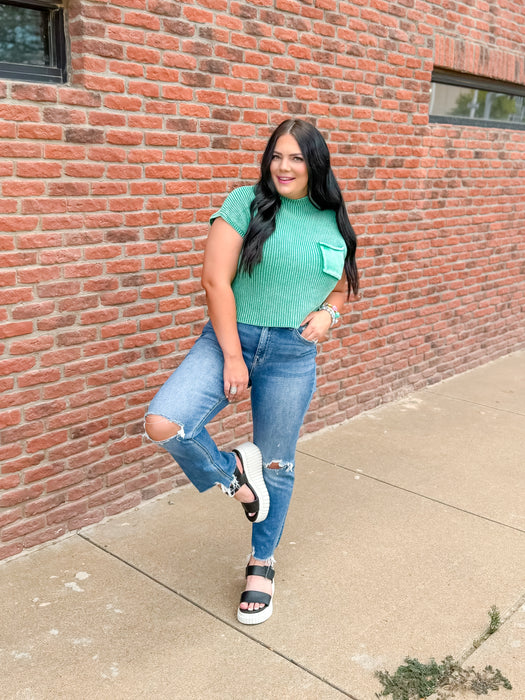 KELLY GREEN ACID WASHED MOCK NECK BLOUSE