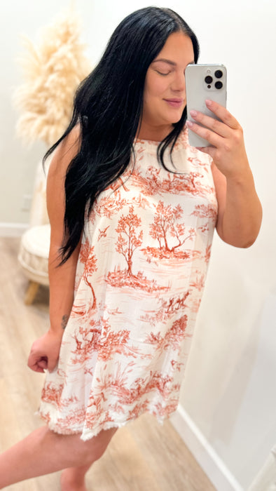 RED COUNTRYSIDE PRINT DRESS