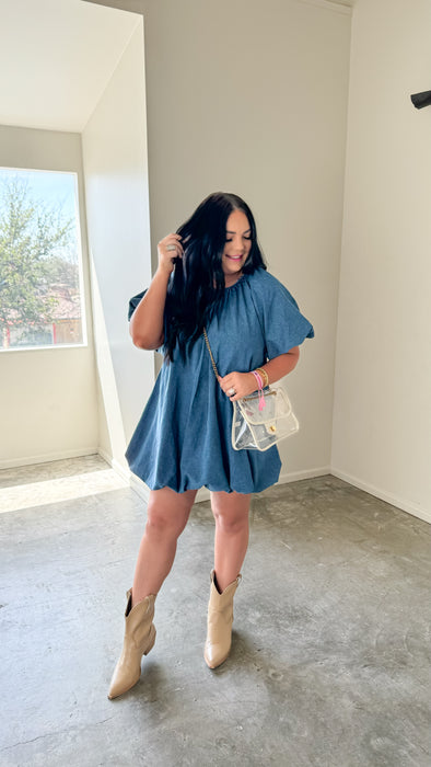 DENIM PUFF SLEEVE BUBBLE HEM DRESS