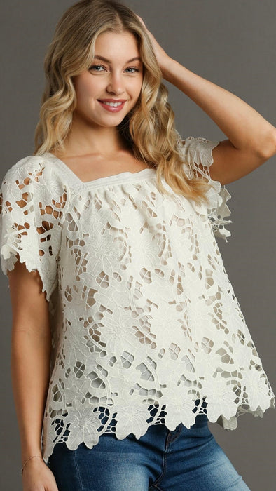 WHITE FLORAL LACE SQUARE NECKLINE TOP | SALE