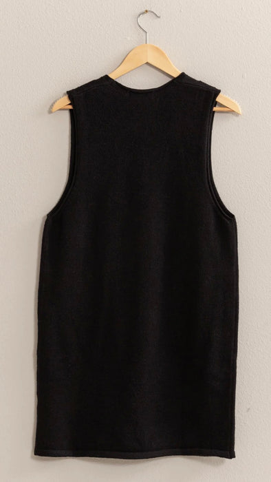 BLACK DEEP V-NECK SWEATER DRESS