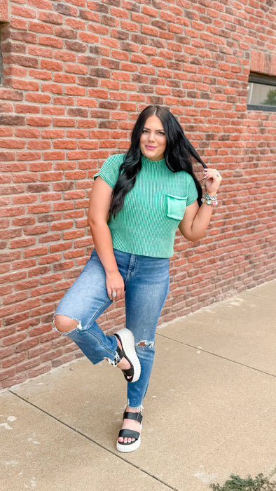 KELLY GREEN ACID WASHED MOCK NECK BLOUSE