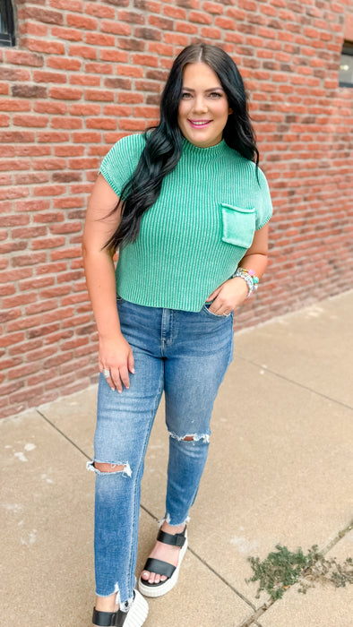 KELLY GREEN ACID WASHED MOCK NECK BLOUSE