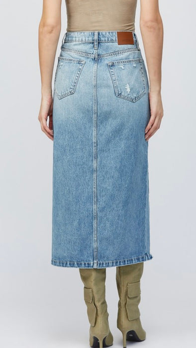 Tattered High-Low Denim Skirt