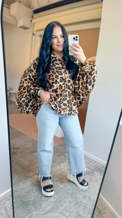 LEOPARD SATIN BALLON SLEEVE BLOUSE- ONE SIZE