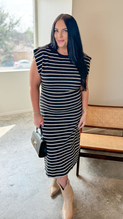 BLACK AND WHITE STRIPE MIDI DRESS