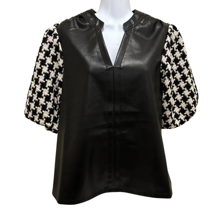 Houndstooth Sleeve Pleather Top