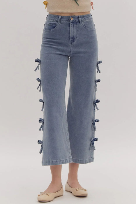 Medium Washed Wide Leg Jeans + Bow Accents