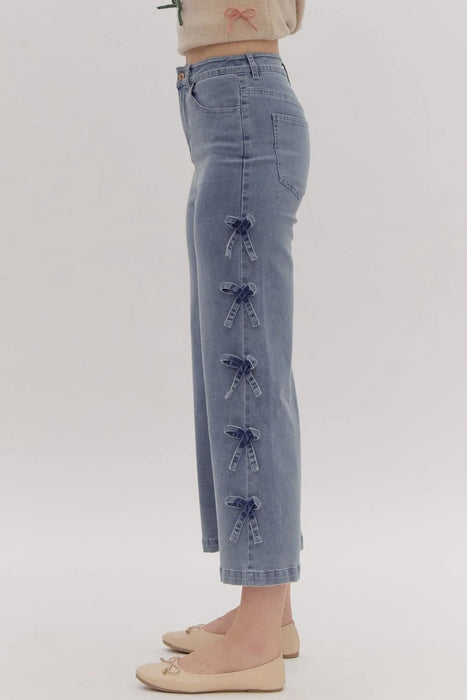 Medium Washed Wide Leg Jeans + Bow Accents