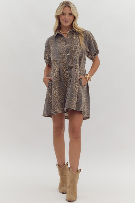 DENIM LEOPARD BUTTON UP MINI DRESS