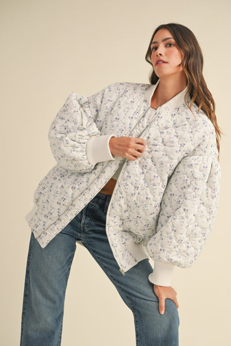 BLUE FLORAL OVERSIZED QUILTED JACKET